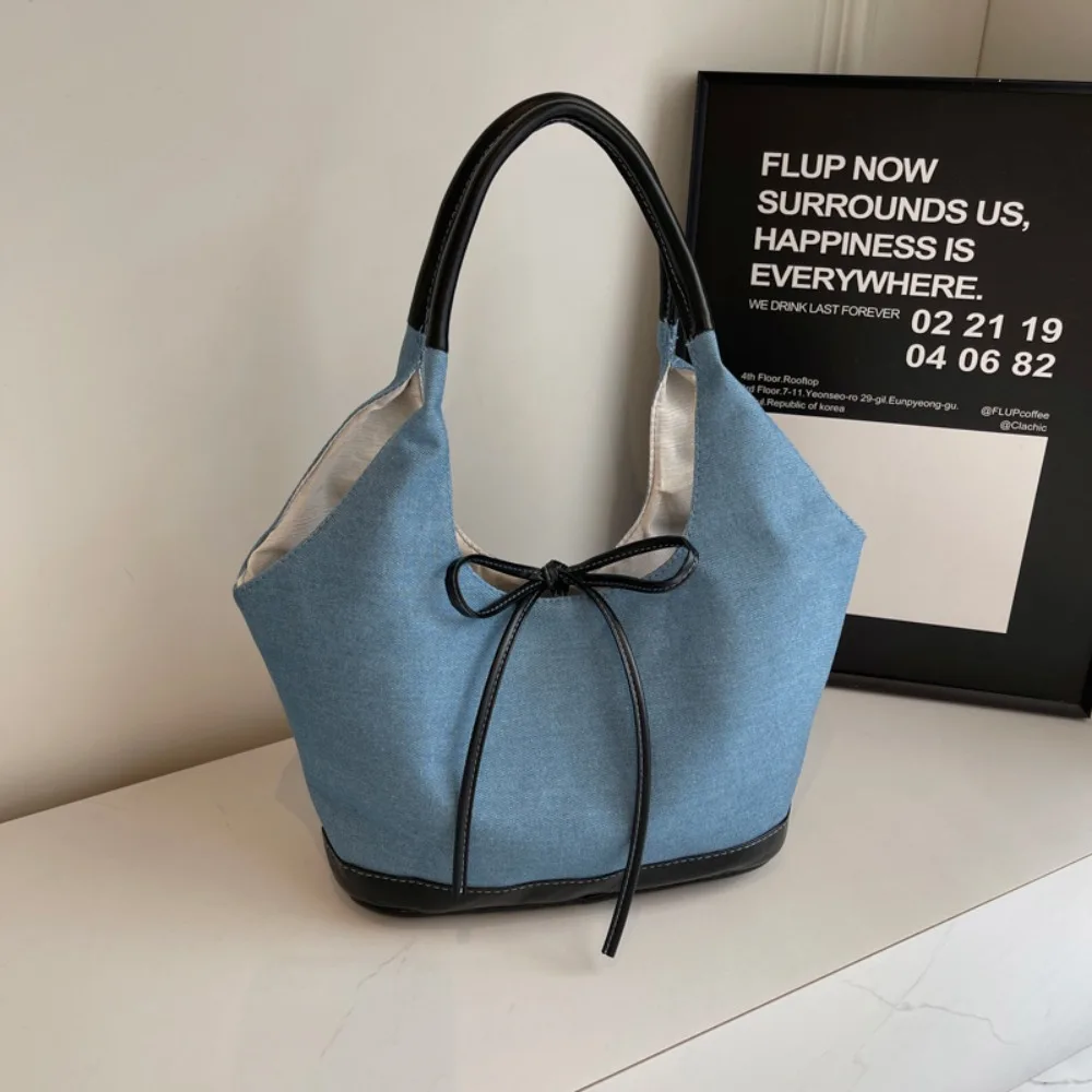 

Простая холщовая сумка-тоут в корейском стиле, сумка из искусственной кожи с бантом, сумка на плечо, сумка для подмышек, универсальная дорожная сумка