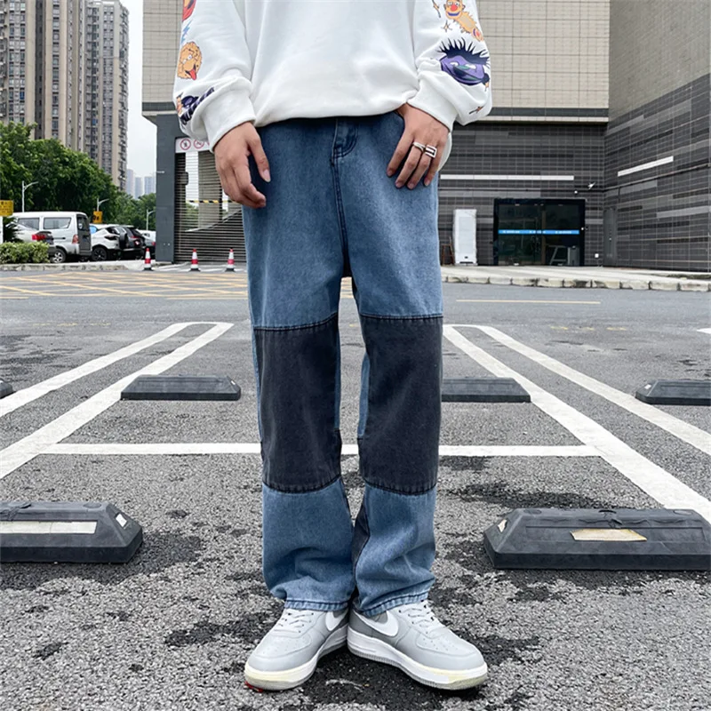 

2022 Preppy Style Patchwork Straight Men Baggy Y2K Jeans Trousers Hip Hop Retro Washed Women Denim Wide Pants Vetement Homme