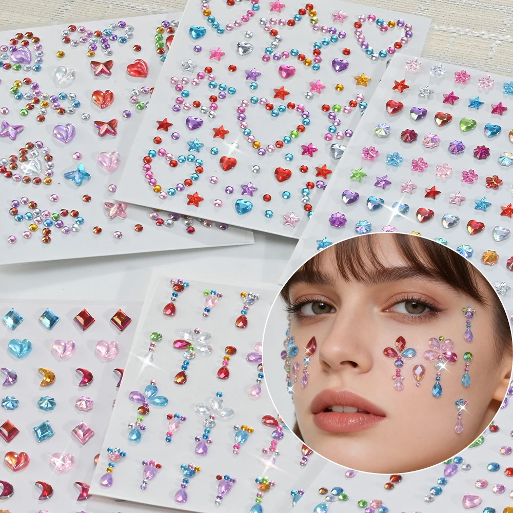 

Набор из 5/6 шт. 3D-наклеек для лица и тела с кристаллами и стразами: сердца, банты, звезды, луны. Наклейки-тату для глаз и тела. Украшения для фестивального макияжа и DIY-декора. # *