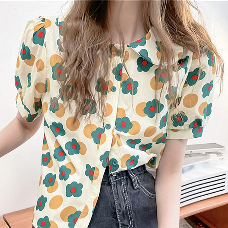 S-3XL Floral Colorful Shirts Women Peter Pan Collar Girls Vintage Casual Stylish Single Breasted Clothes Female Loose All-match