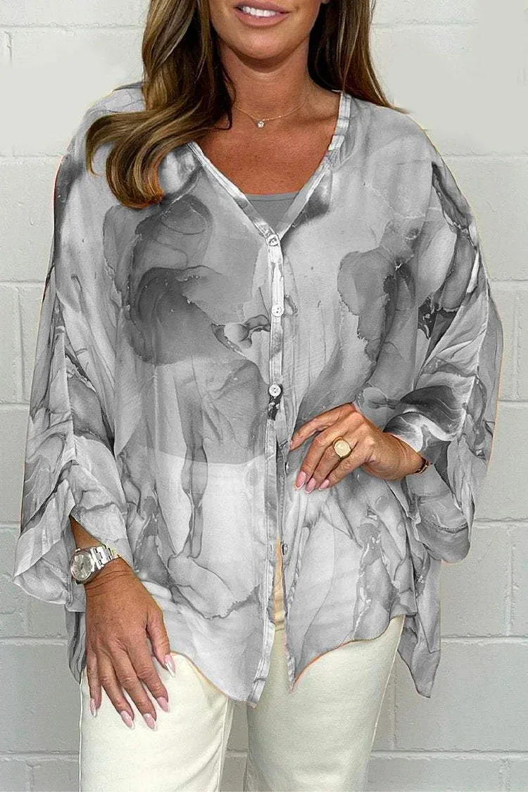 Losse Casual Tie Dye Print Side Split Shirt Voor Vrouwen Mode Elegante V-hals Dichtgeknoopt Chiffon Lange Mouwen Shirt 2024 Zomer nieuwe
