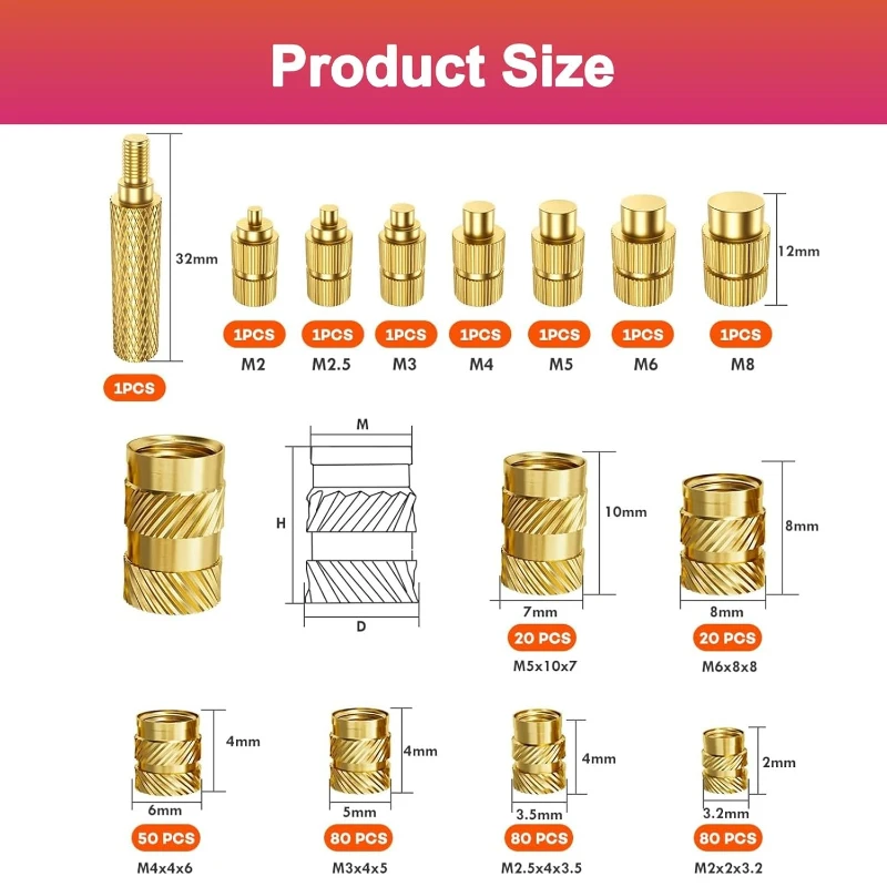 338pcs Threaded Insert Nuts M2/M2.5/M3/M4/M5/M6 3D Printer Brass Embedding Nuts Melting Thread Insert Female Thread Knurled Nuts