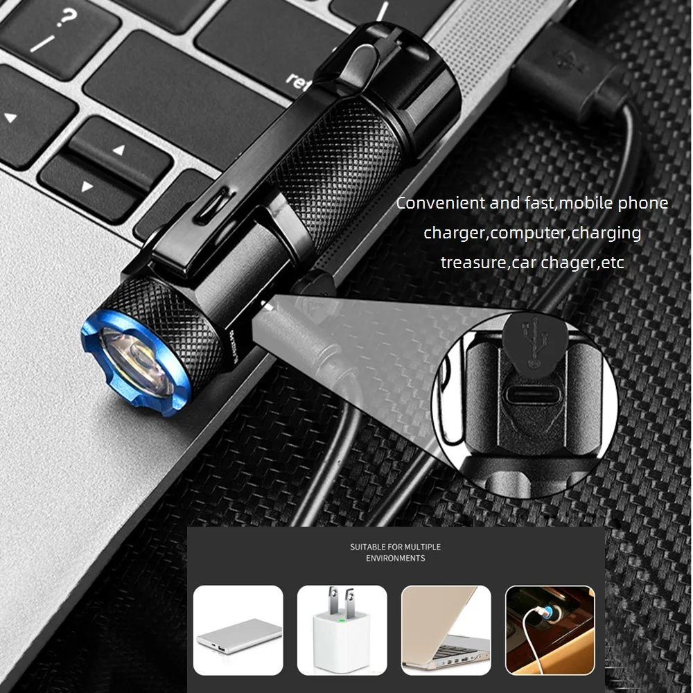 Linterna LED táctica recargable USB con imán, de bolsillo