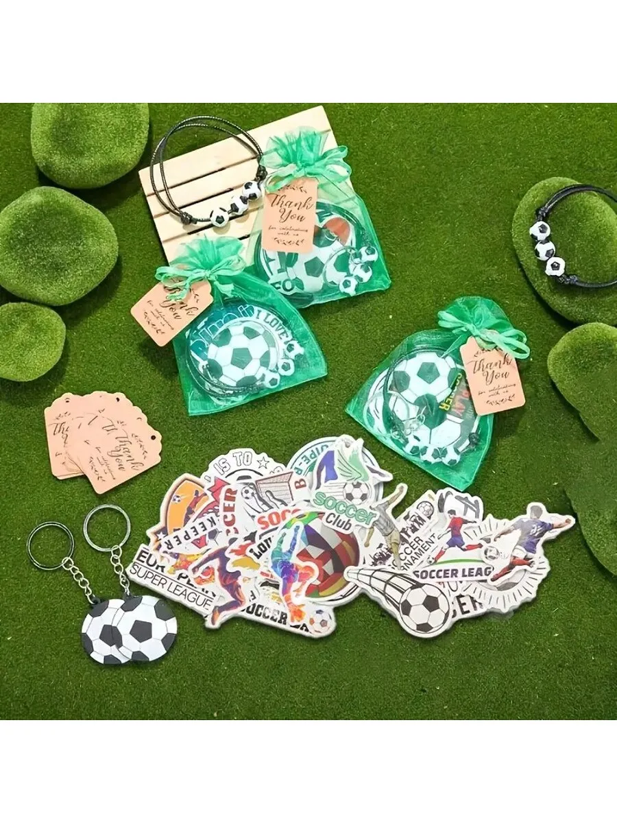 90pcs/10Set Football Party Souvenirs, Including Key Chains, Ribbon Bags, Bracelets, Stickers And Brown Paper Labels, Suitable