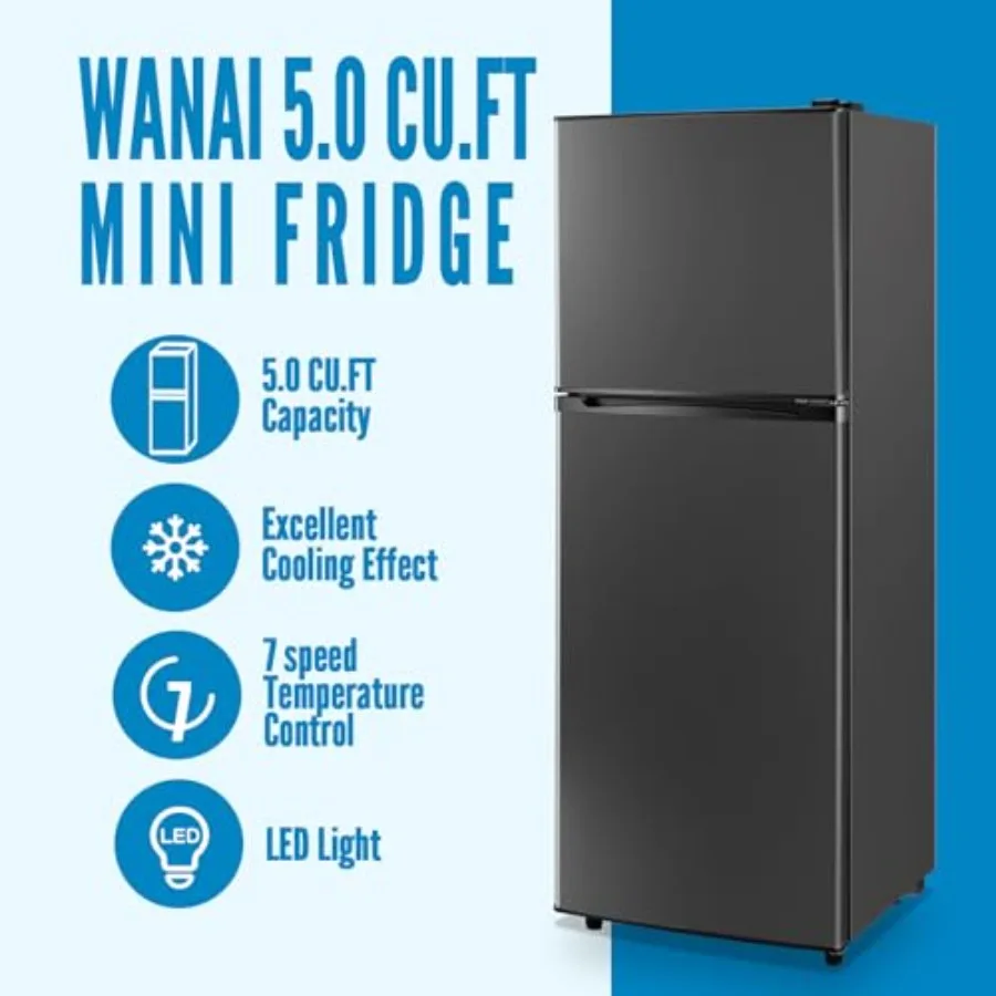 ثلاجة ذات سعة كبيرة 5.0 CU.FT مع بابين، 7 تروس، حامل زجاجات جانبي للتحكم الميكانيكي، مصباح LED مثالي لمطبخ النوم