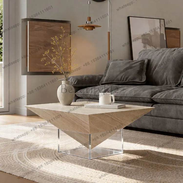 

Italian minimalist style acrylic travertine rock slab coffee table light luxury square creativity