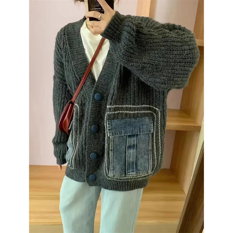 Spring Autumn Loose Knitwear Jacket Women New Knitted Sweater Cardigan Coat 2024 Female Retro Fashion Denim Stitching Outwear