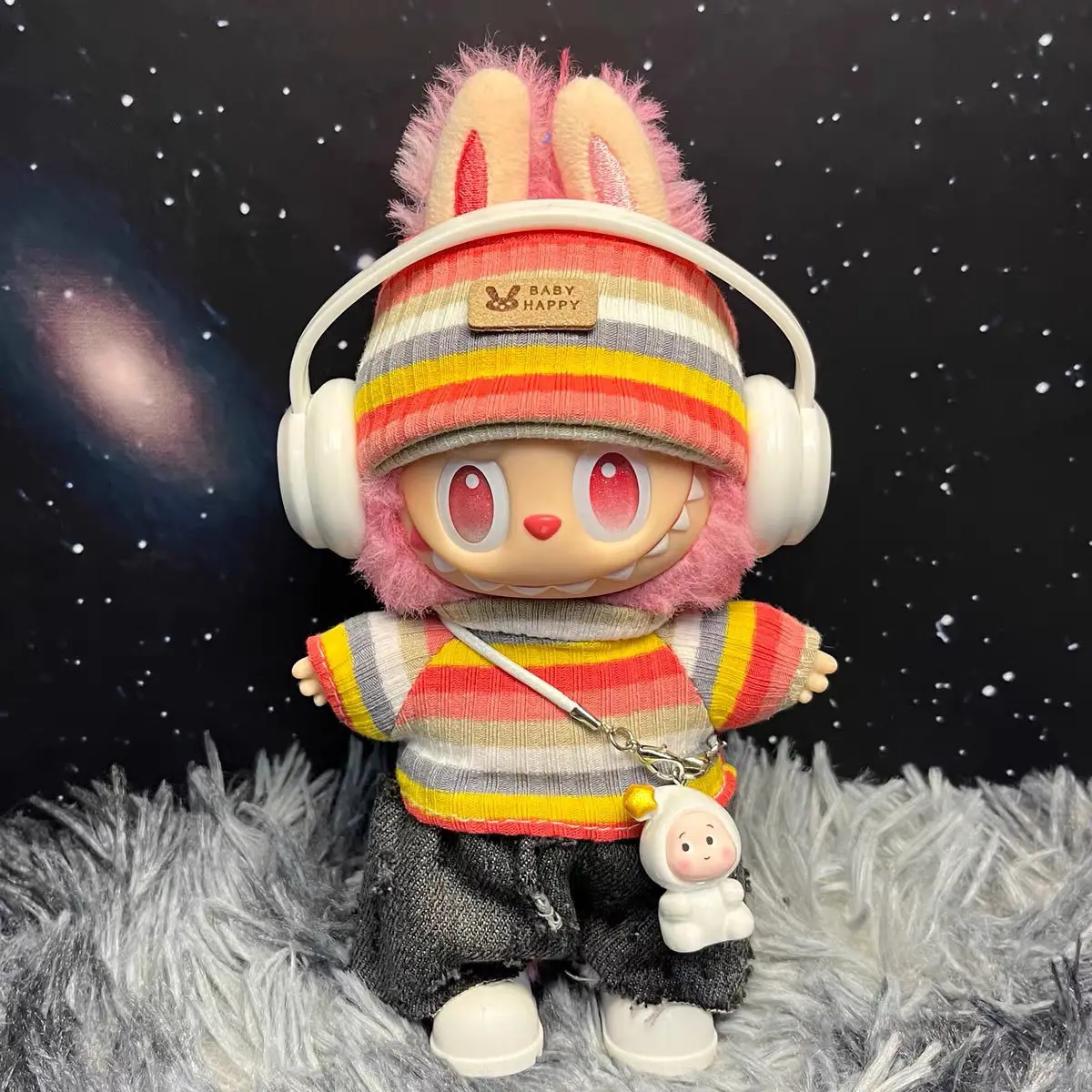 

Красочный коричневый полосатый наряд из 6 предметов для виниловых кукол Labubu V1-V3 17 см, комплект одежды для милых кукол со шляпой, топ, брюки, аксессуары