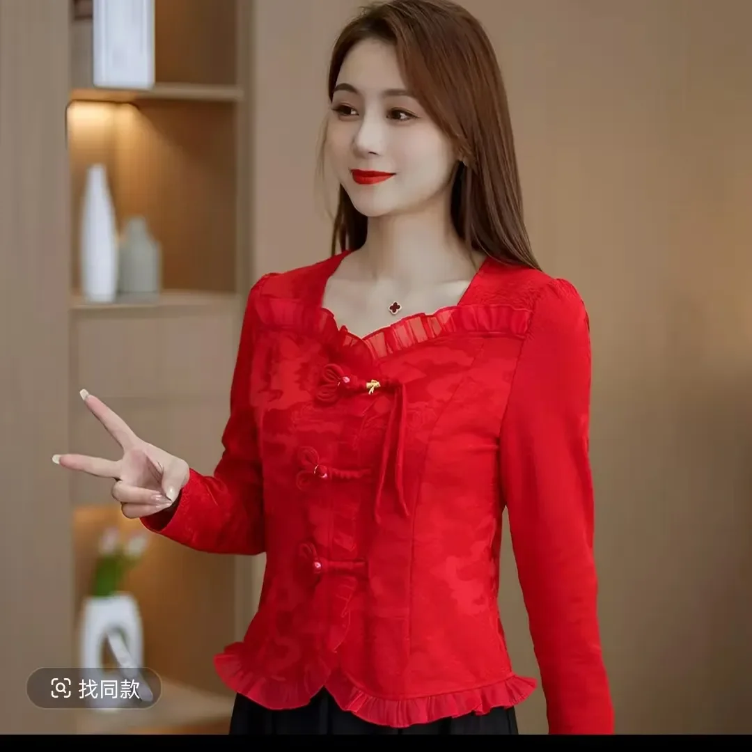 Nouveau haut Jacquard chinois à manches longues pour femmes au printemps nouveau Style coupe ajustée et haut boutonné de Style chinois mince