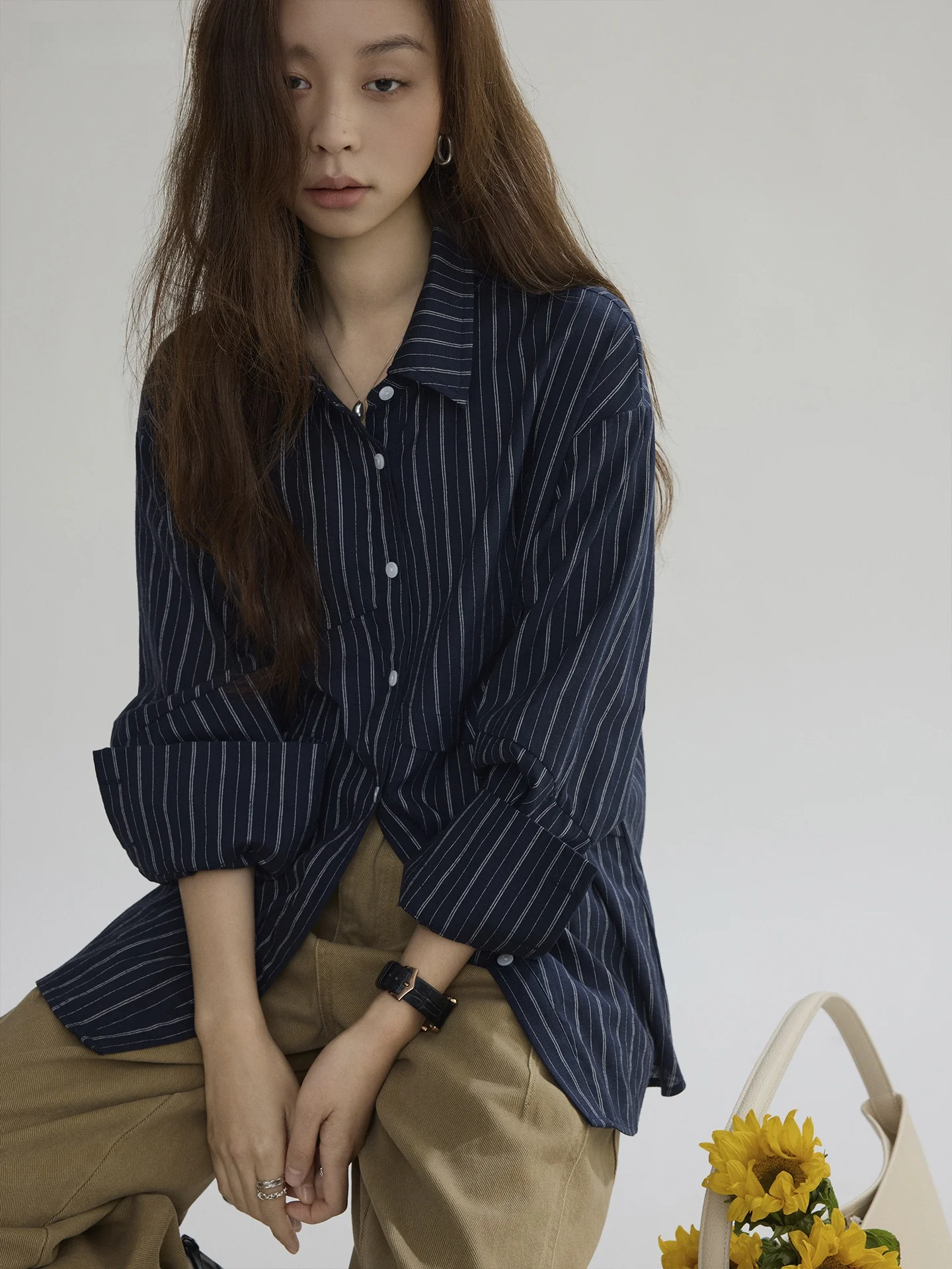 

Joli Choose Women's Casual Long Sve irt Linen Stripe Pattern Simple Turn-down Collar Top Spring Autumn Faion