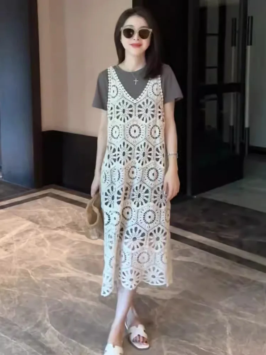 Ele T-shirt scavata e Dr Set Abito estivo di media lunghezza coreano allentato da donna con ricami floreali