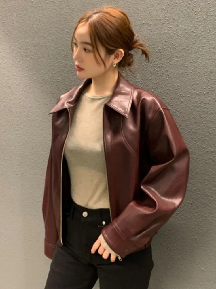 Chic autunno inverno colletto retrò lungo Sve PU pelle Jaet ort cappotto casual versatile donna Faion taglia piccola amichevole