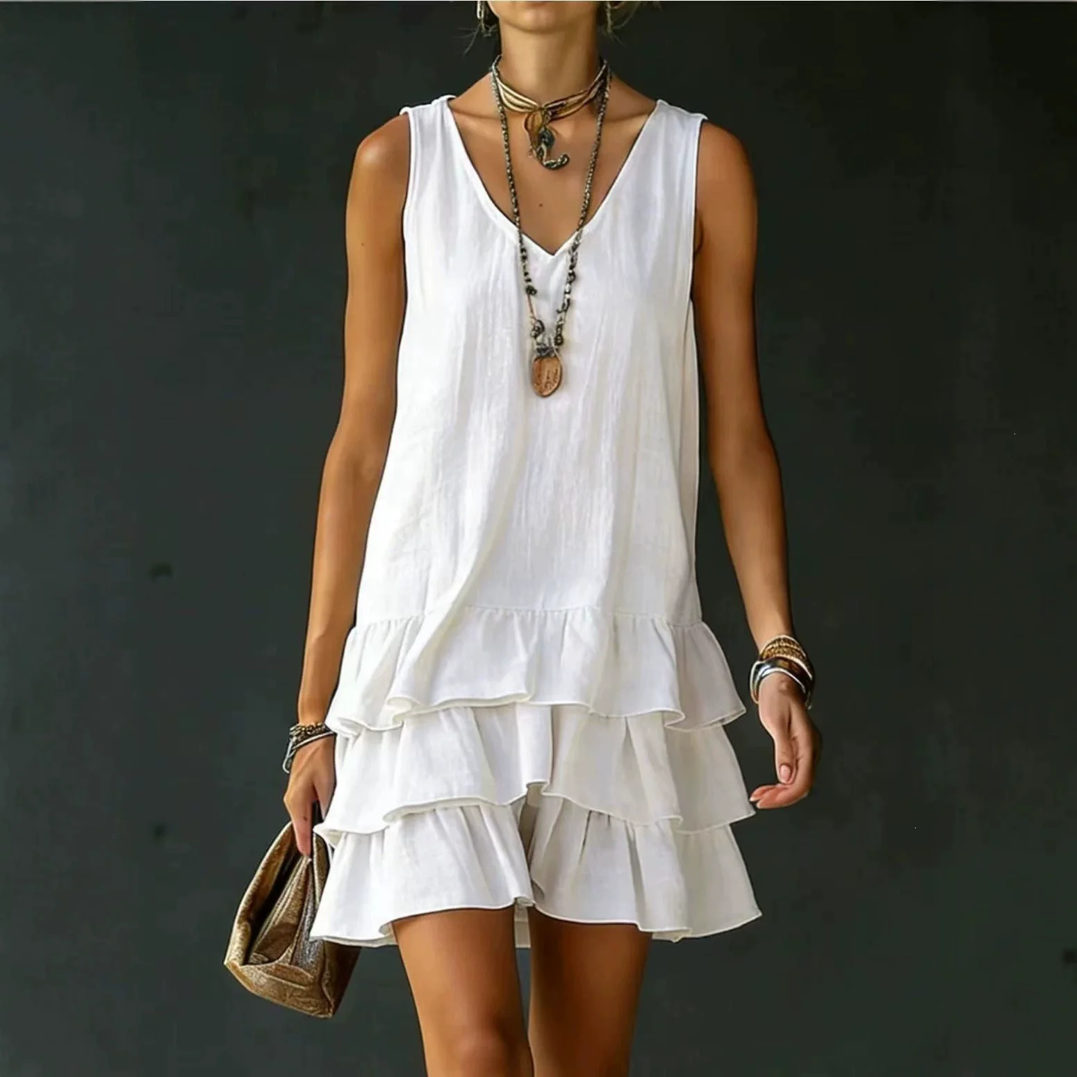 Image of 2026 Sommer Lässiges Einfarbiges Kleid für Damen – Elegantes ärmelloses V-Ausschnitt-Kleid mit lockerem Schnitt und Rüschenkante