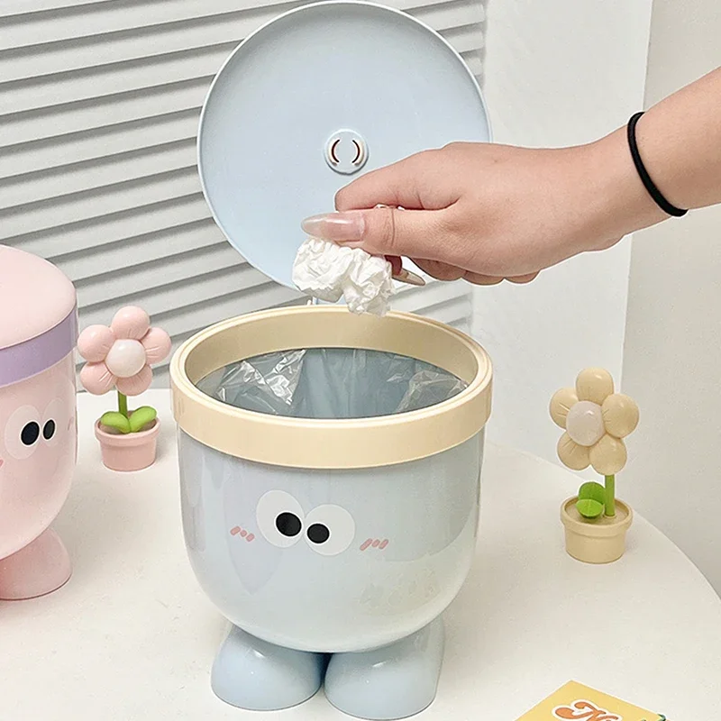 

Mini Small Desktop Trash Can With Lid - Cute Countertop Waste Paper Basket For Bedroom Coffee Table & Office Desk - Blue Pink