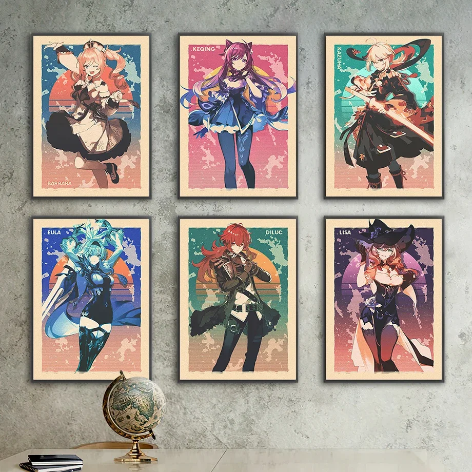 Genshin Art Print Anime Posters Vintage Anime Girl Wall Art Canvas Painting Gaming Room Accessories Picture Classroom Decoration