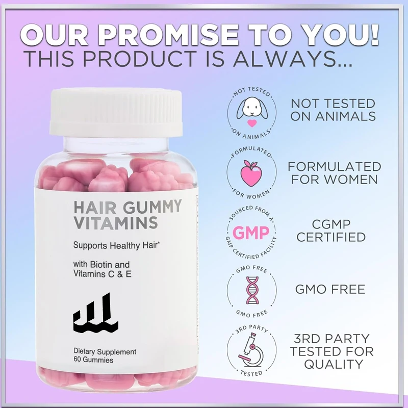 

Hair vitamin gummies contain 5000 micrograms of biotin, vitamin E and C, vegetarian and non GMO, used for hair, skin and nails