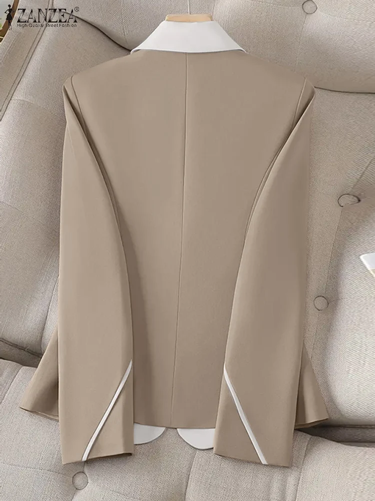 حجم كبير 5XL ZANZEA المرأة السترة الرسمية خمر Colorblock الخصر معاطف مكتب سيدة كم طويل جاكيتات أزرار رقيقة أبلى