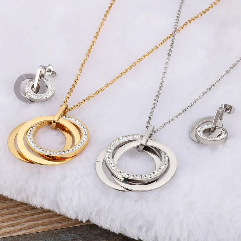 2pcs/set Elegant Shiny Zircon Round Pendant Necklace Drop Earrings for Women Shell Beads Cricle Stainless Steel Jewelry Set Gift