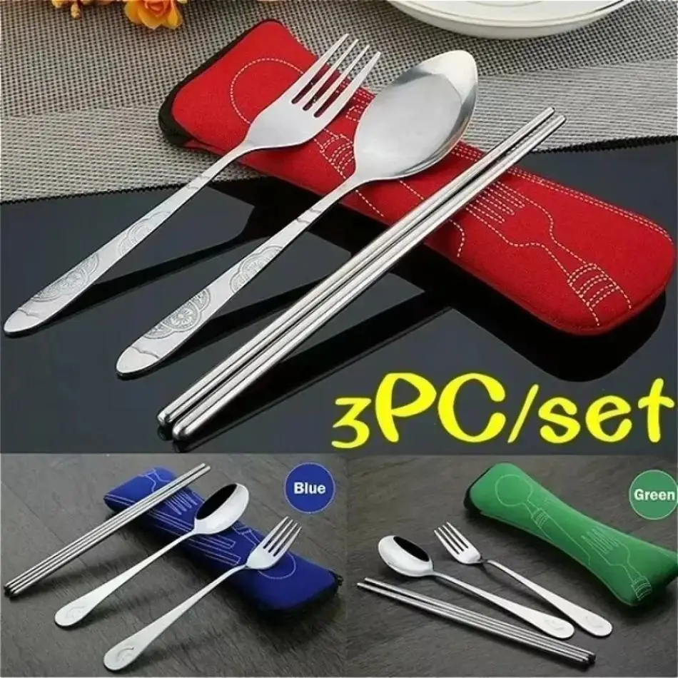 3Pcs Stainless Steel Cutlery Set With Storage Box Fork Spoon Chopsticks Portable Outdoor Silverware Kitchen Tools Tableware Set