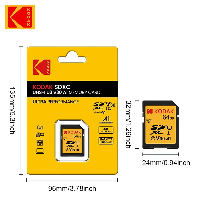 KODAK 32 ギガバイト 64 ギガバイトのメモリカードカメラ 100 メガバイト/秒高速 SD カード 256 ギガバイト 128 ギガバイト SDXC C10 A1 U3 V30 UHS-I sdcards 4K HD SLR DV