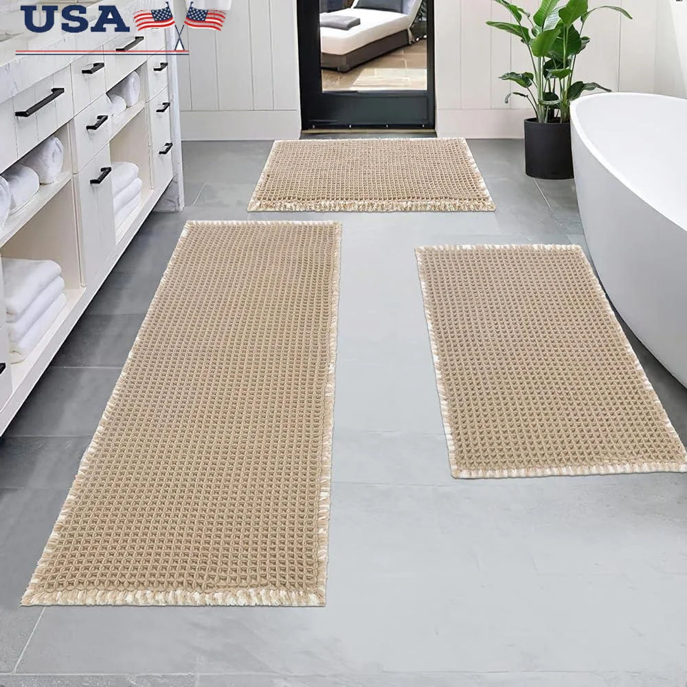

Thick Soft Bathroom Rugs Set 3 Piece Non Slip Absorbent Waffle Floor Mats Shower and Home Decor