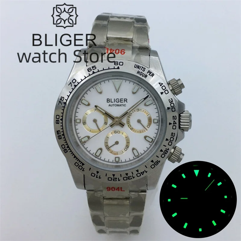

BLIGER 39mm Mechanical Automatic Date Week Indicator Men's Watch Sapphire Glass White Dial Luminous Middle Polished Bracelet
