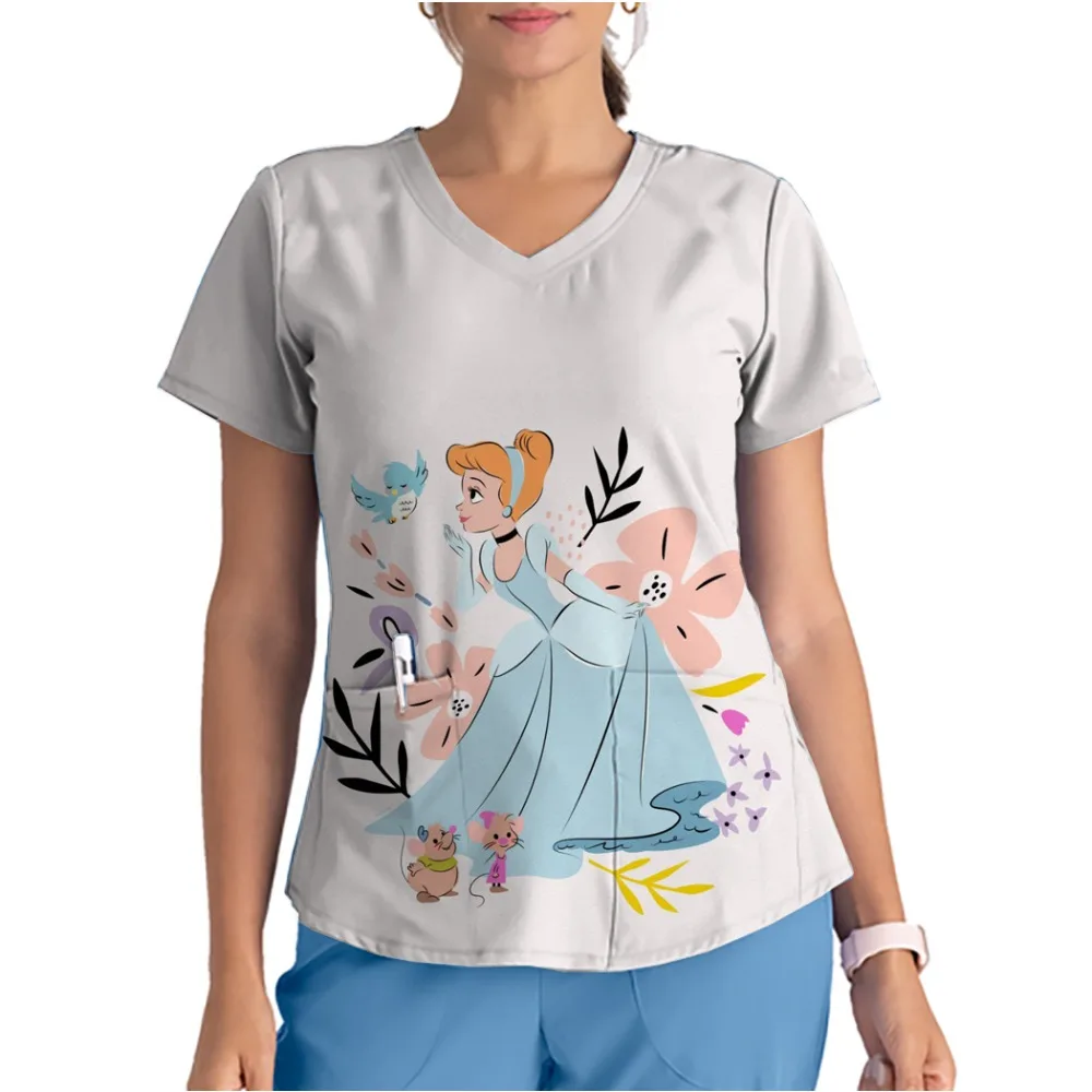 Uniforme de enfermera de verano para mujer, top de cuidado de Cenicienta de Disney con cuello en V, uniforme de trabajo para tienda de mascotas, camiseta para el cuidado de enfermeras