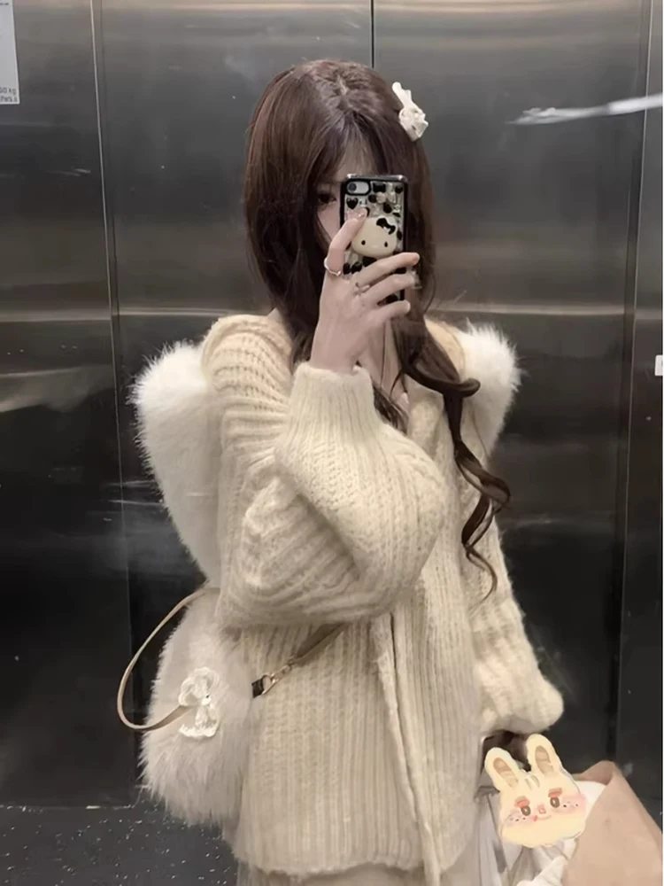 

Soft Cozy Milk Yellow Bread Patterned Hooded Open Cardigan Women's Autumn Winter Loose Warm Knitted Outerwear