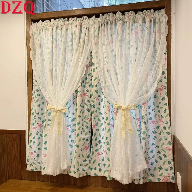 American Village Double-layer Wave Side Lace Flamingo Curtains Living Room Polyester Cotton Leaves Curtain Cloth Kitchen #A577