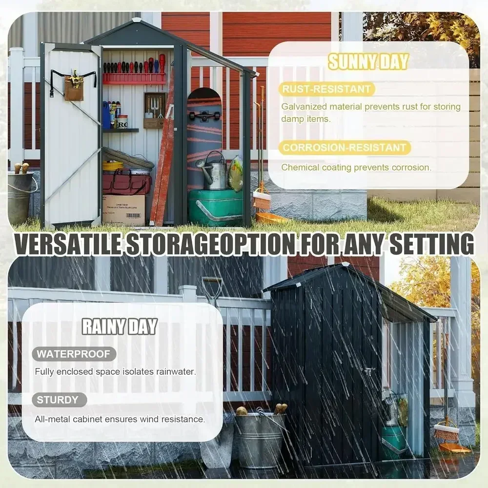 Black Outdoor Storage Shed with Shelves, Lean-to Wood Rack, and Sloping Roof