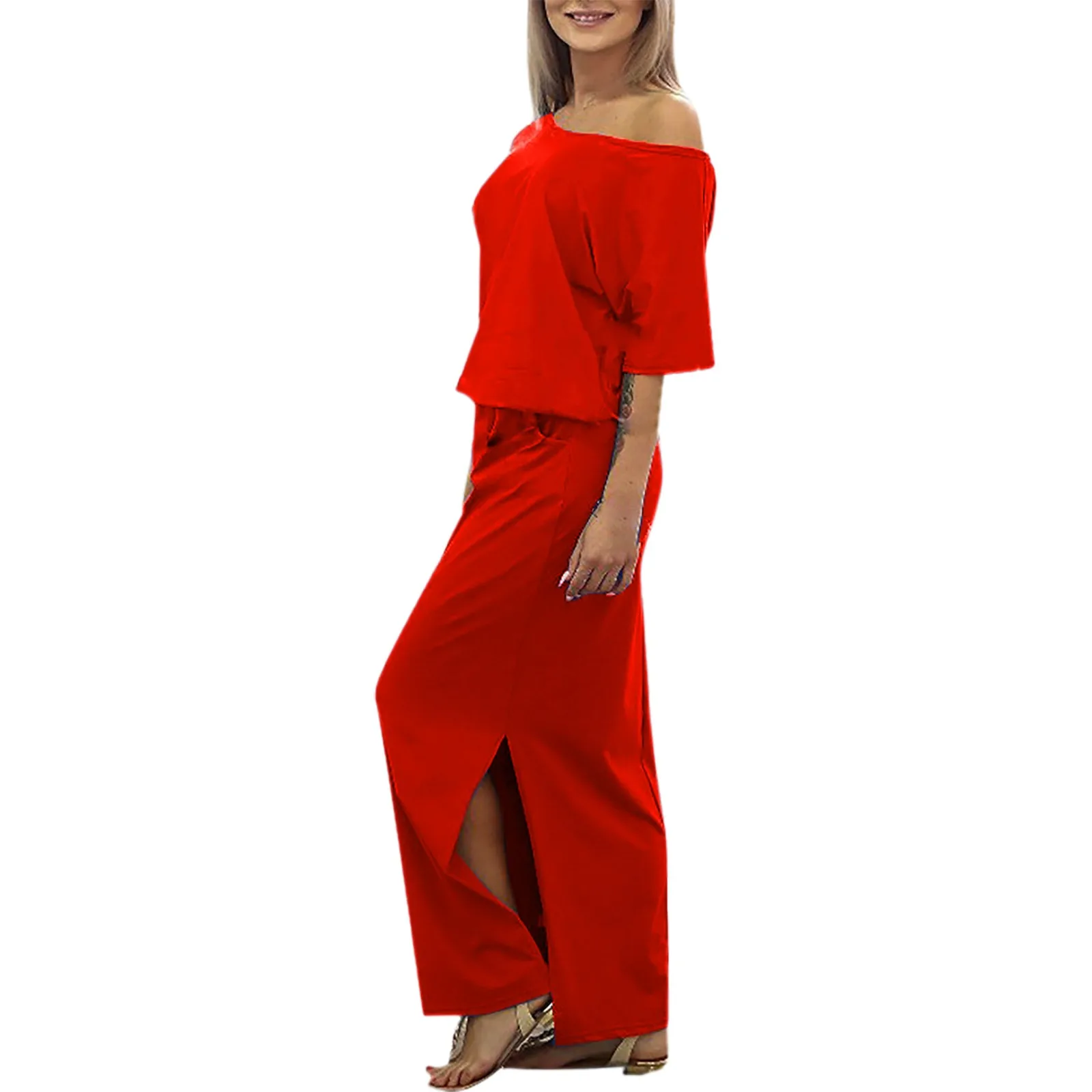 Elegancka Off Shoulder boczne rozcięcie kieszeń luźna sukienka moda z krótkim rękawem Tie talia proste sukienki dla casualwear dla kobiet