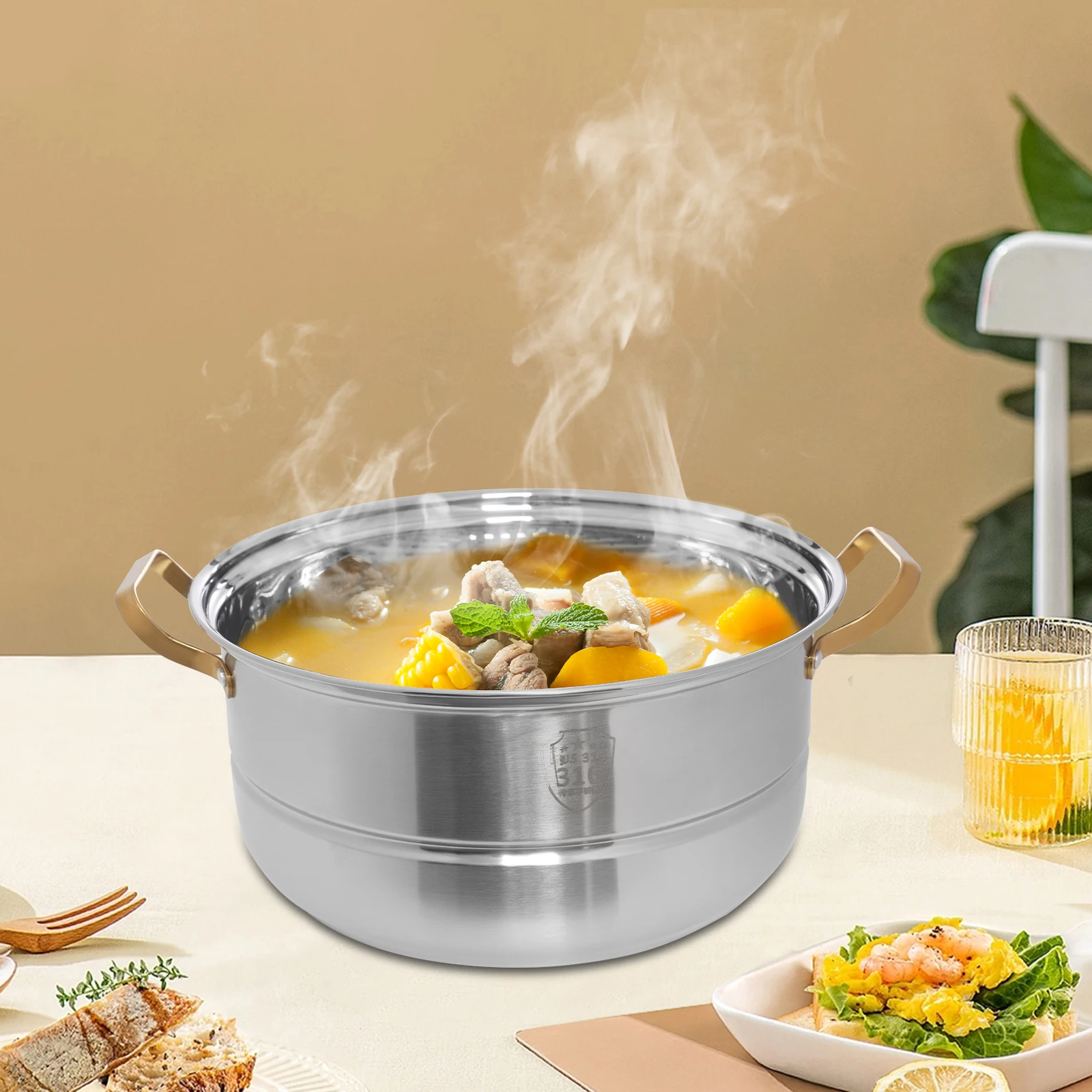 3-Layer Gold Handle Steamer 12.6-Inch Stainless Steel Multi-Layer Steamer, Large Capacity for Induction Cooker, Fish Steamer