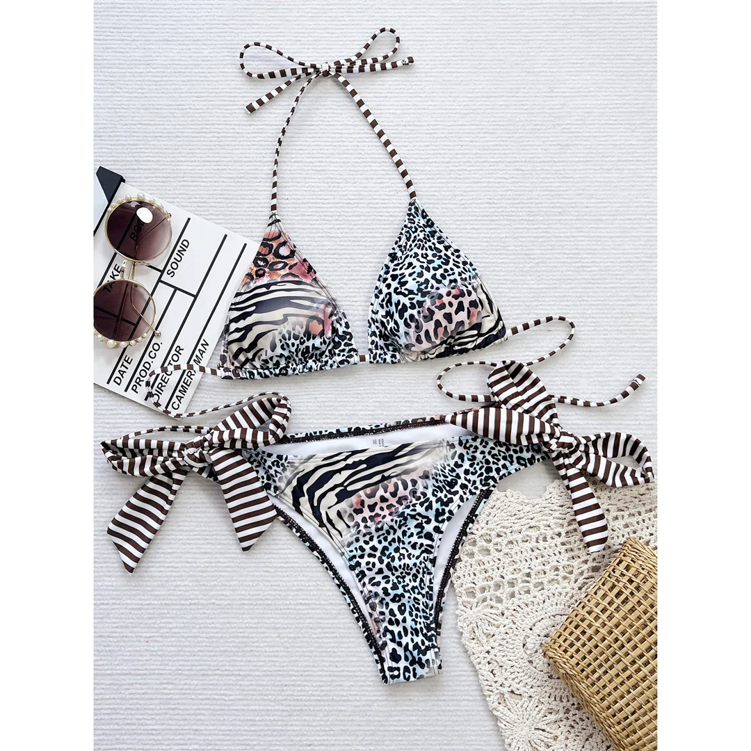 Leopard Halter Bikini mit hohem Beinausschnitt, zweiteiliger Badeanzug für Damen, Badebekleidung, Badeanzug, Schwimmbikini V6057 – Detail 8
