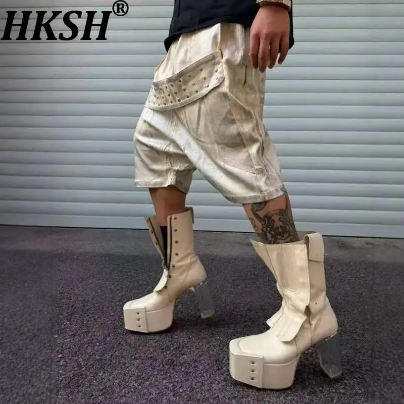 HKSH Spring Summer New Men Tide Chic Ins Dark Avant-Garde Shorts Hot-Stamping Rivets Straps Vibe Y2K Punk Capris Vintage HK24469