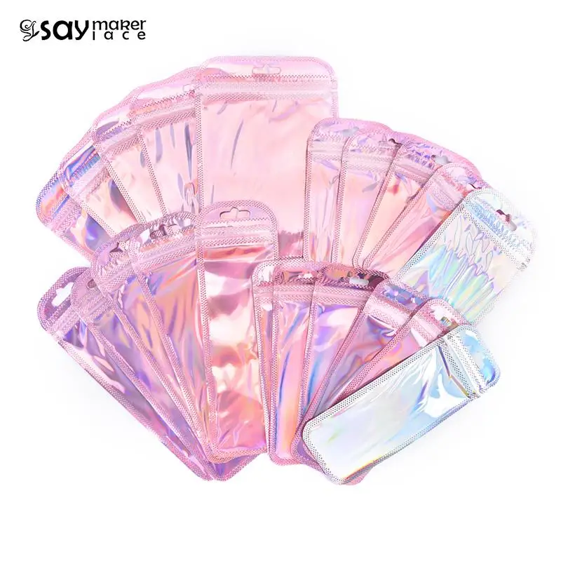 50pcs Resealable Holographic Bags Cute Eyelash Packaging Bags For Lip Gloss Lash Foil Small jewelry Ziplock Bags