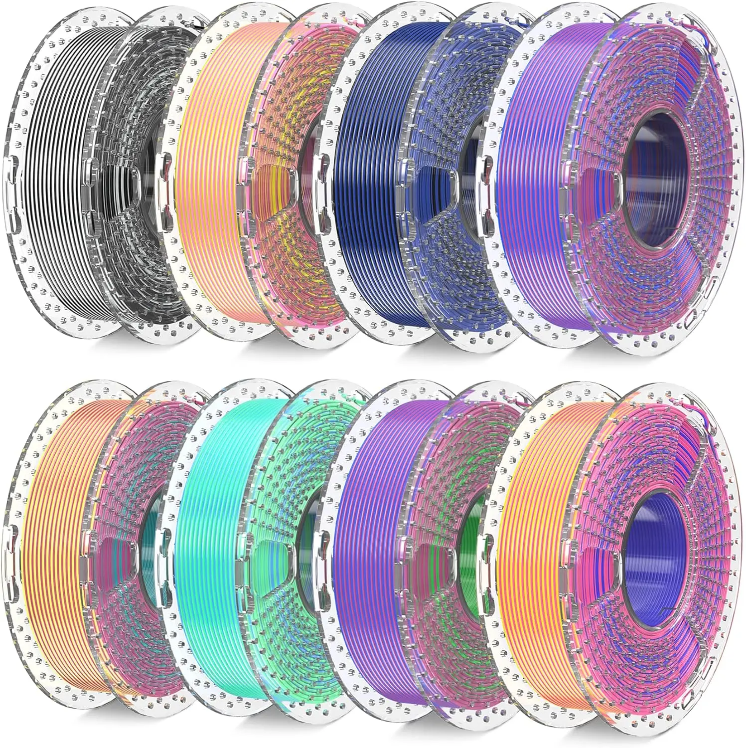 

Silk Multicolor 3D Printer Filament Bundle, 8 Spools with Dual & Triple Colors, Vacuum Packed, Total 2kg