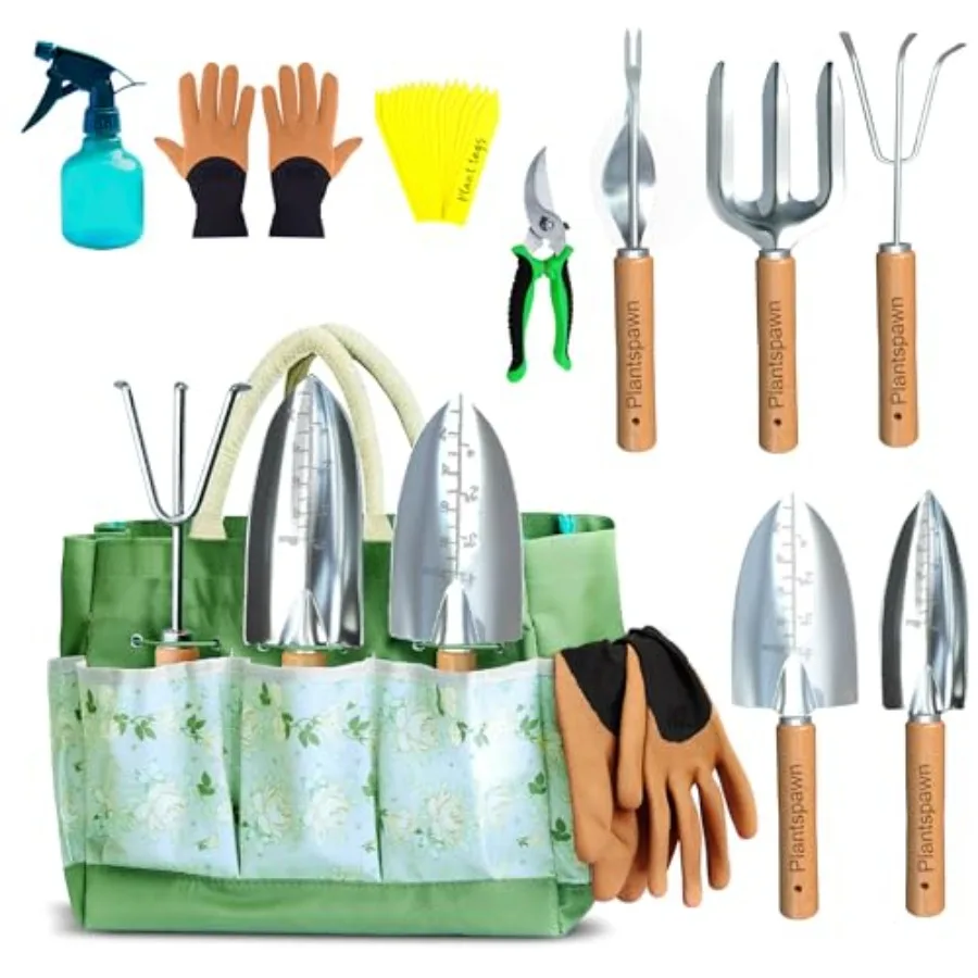 9 PCS Gardening Tools Set with Storage Bag HeavyDuty RustProof Hand Tools Featuring Wooden Handles and 15 Plant Tags Perfect fo