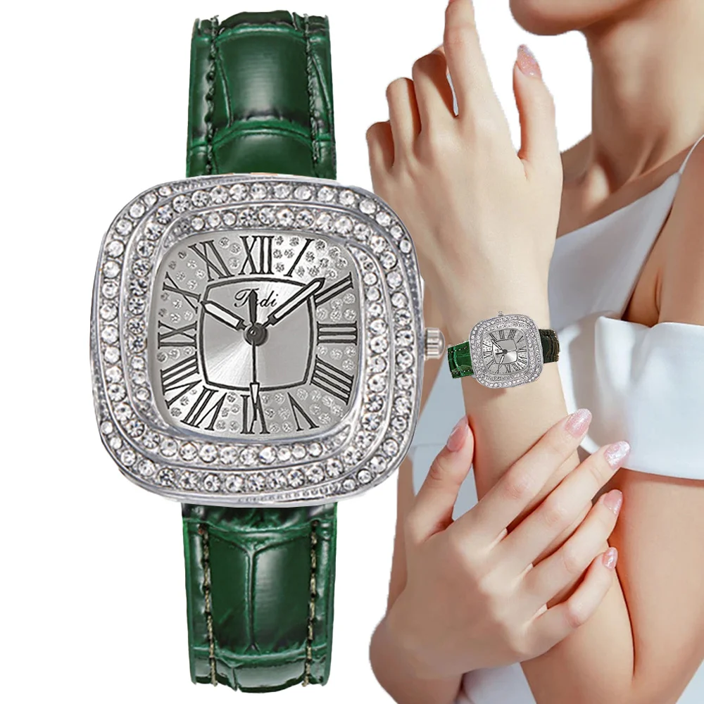 

Fashion 2024 New Simple Square Ladies Full Star Diamonds Quartz Watch Casual Green Leather Dress Women's Clock Wristwatch