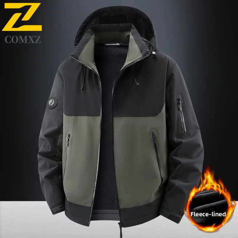 

2025 Men Cotton Jacket Trendy Versatile Thick Velvet Cold Protection Warmth Hooded Parker Coat Outdoor Travel Camp Cotton Coat