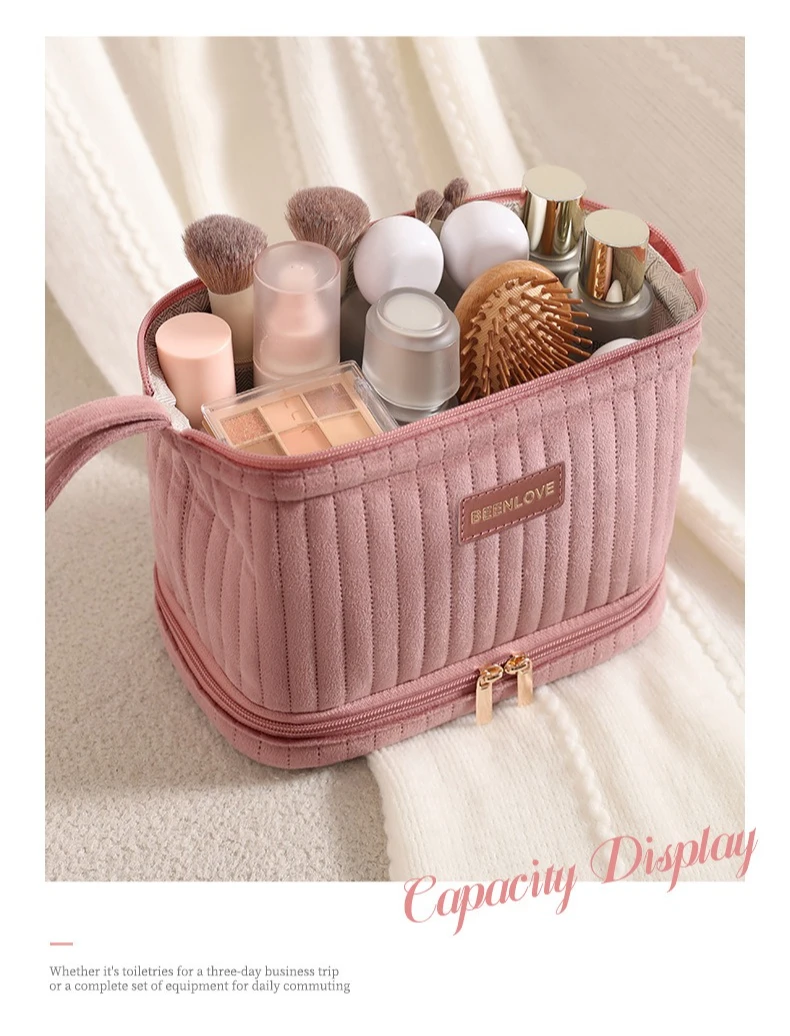 Tragbare Make-up-Organizer-Tasche, große Kapazität, Kosmetiktasche mit mehreren Fächern für Pinsel, Kosmetika, Reiseaufbewahrung – Detail 5