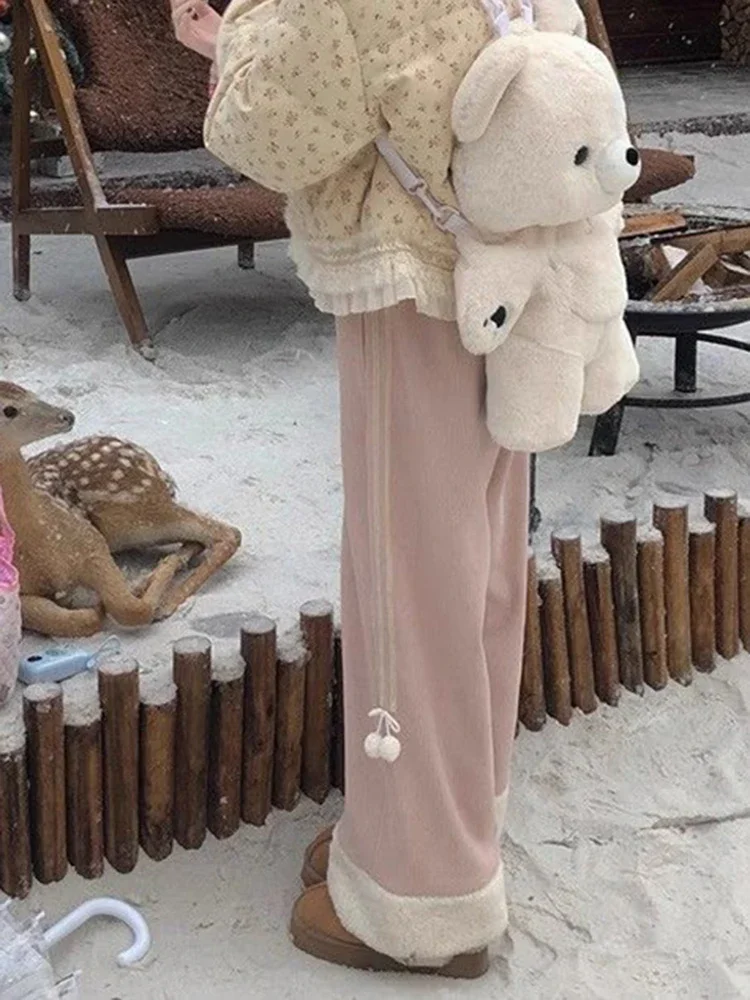 Corduroy Wide Leg Pants Women Sweet Cute Japanese Hairball Patchwork Trouser Fall Winter Thick Casual High Waist Straight Pants