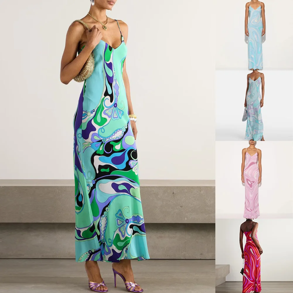 

Printed Slip Dress Women Spring Summer Sexy V Neck Spaghetti Strap Dresses High Split Bodycon Evening Gown Party Outfit