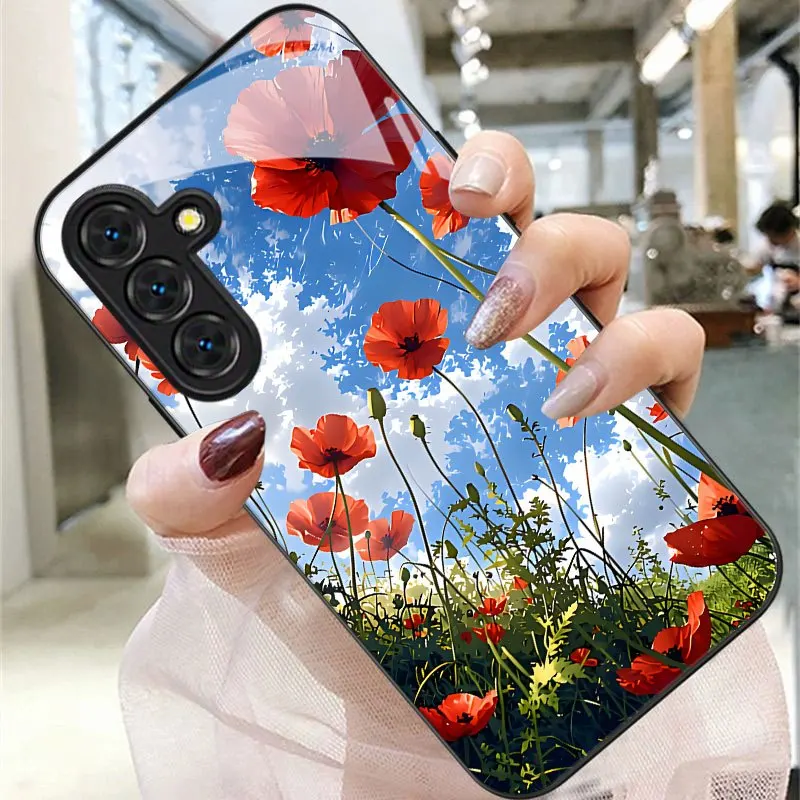 Red Papaver orientale pattern glass phone case for Samsung Galaxy S26 S25 S24 S23 S22 S20 FE/Ultra/Plus anti drop Cover