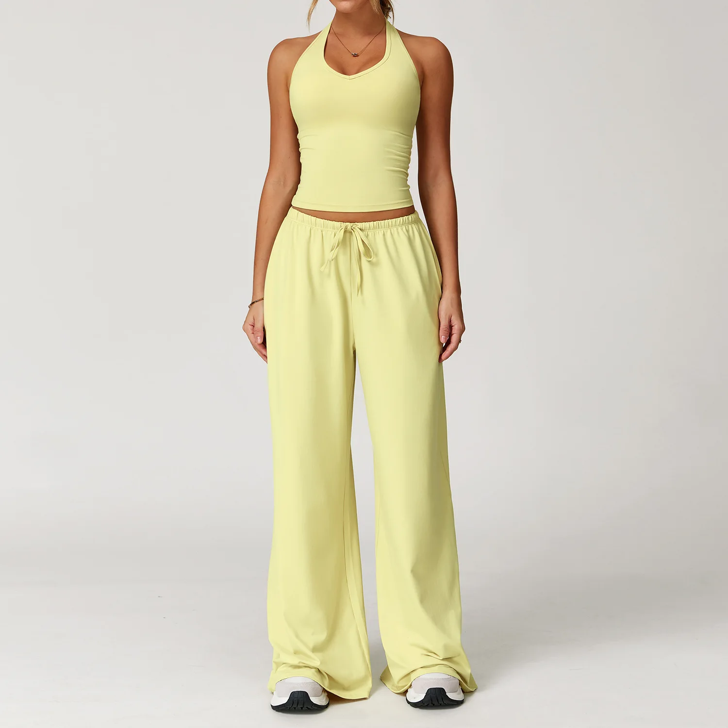 Yoga yellow gym Set 2 Pieces Women Clothes Workout Outfits Fitness Sportswear Wide leg straight pants Tracksuit Sports Tank suit