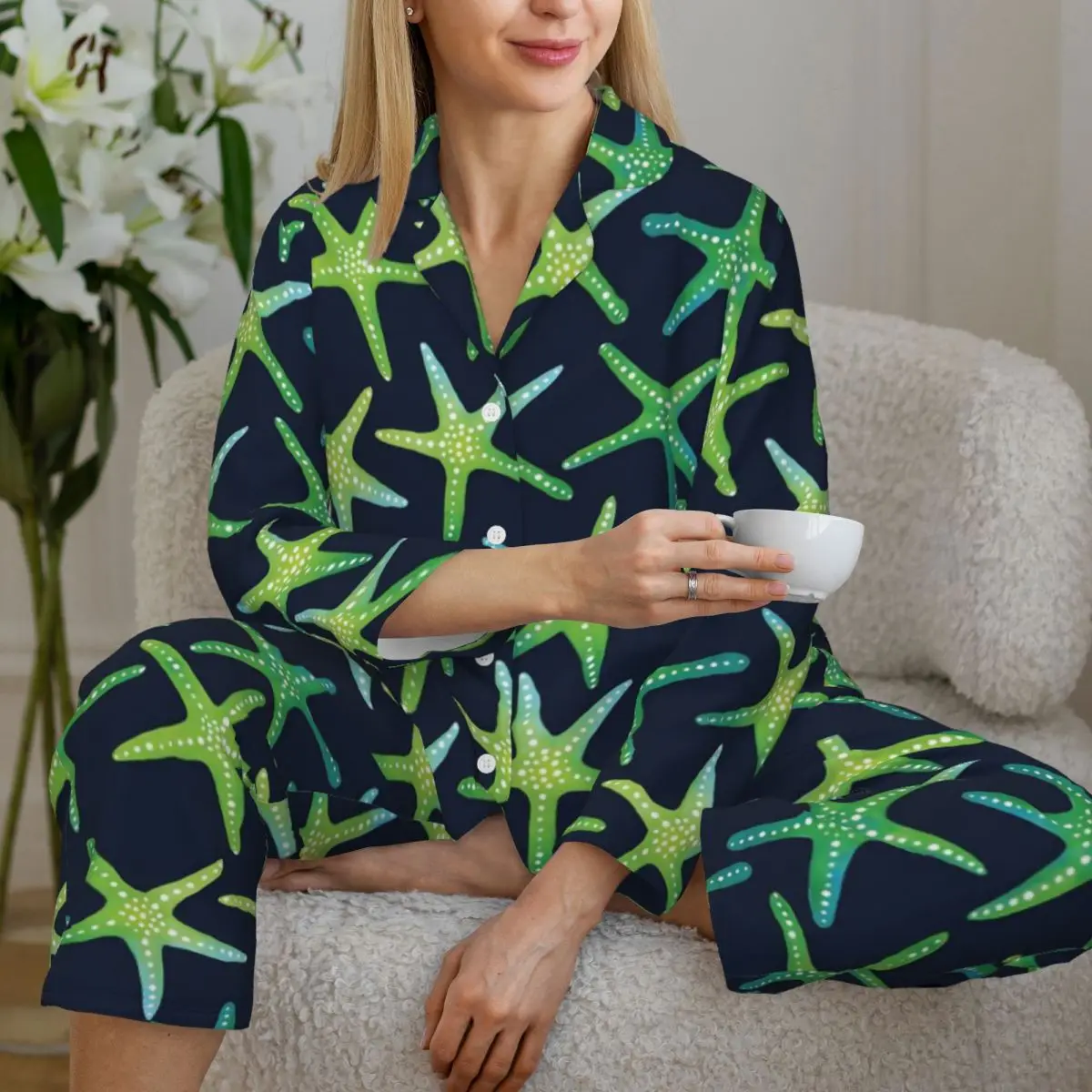 Green Starfish Pajamas Female Sea Creature Soft Leisure Nightwear Spring Two Piece Casual Loose Oversize Custom Pajamas Set