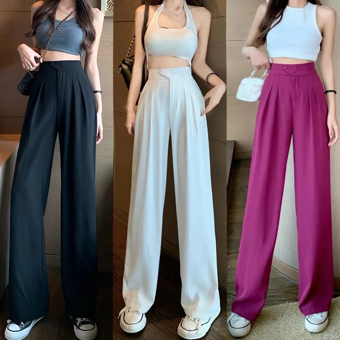 Women Solid Wide Leg Pants High Waist Button Spliced Trousers Casual Pockets Long Pant Loose Elegant Sporty Office Ladies