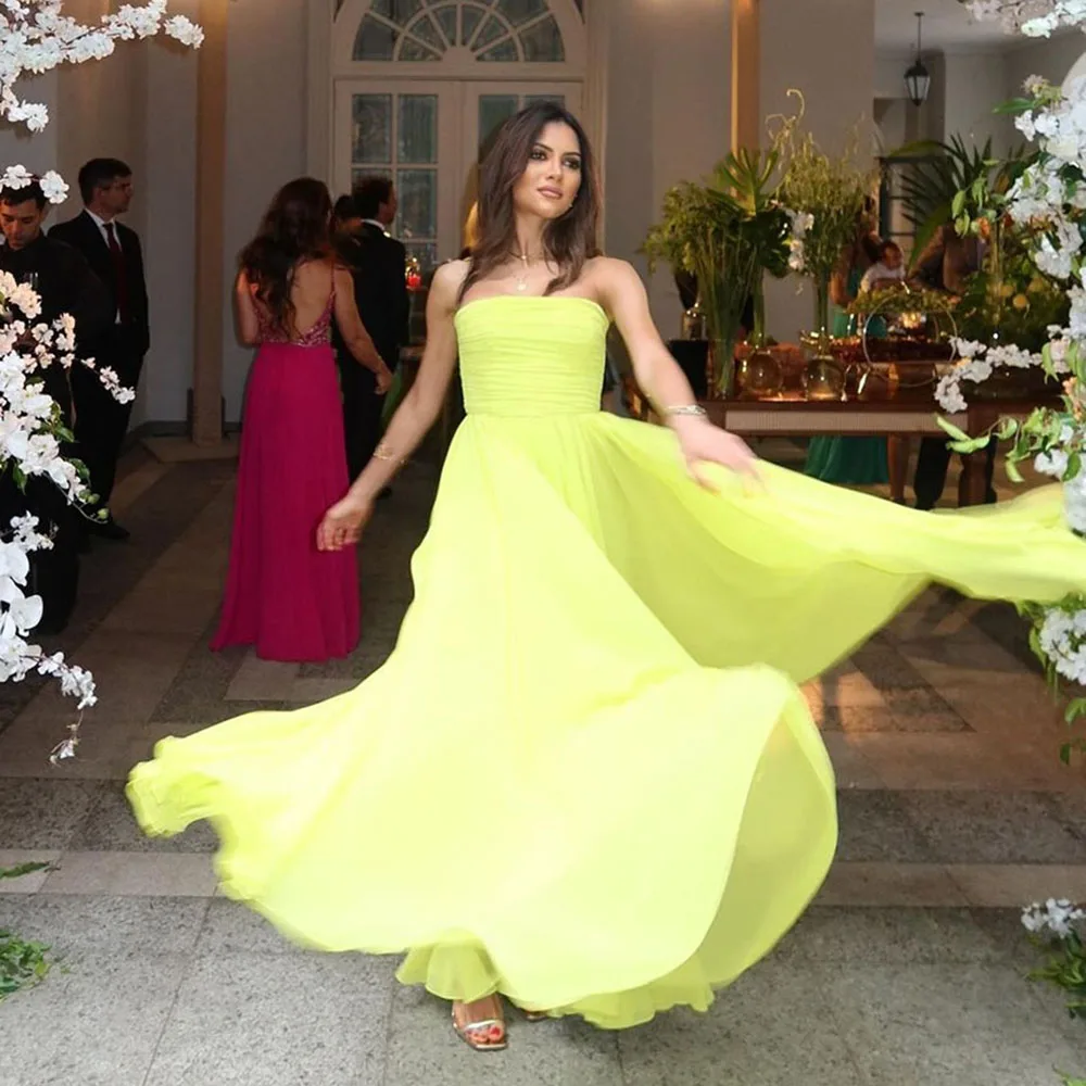 

SoDigne Yellow Prom Dresses Strapless Pleats Party Gown For Dinner Gowns Women Chiffon Formal Wedding Party Dress