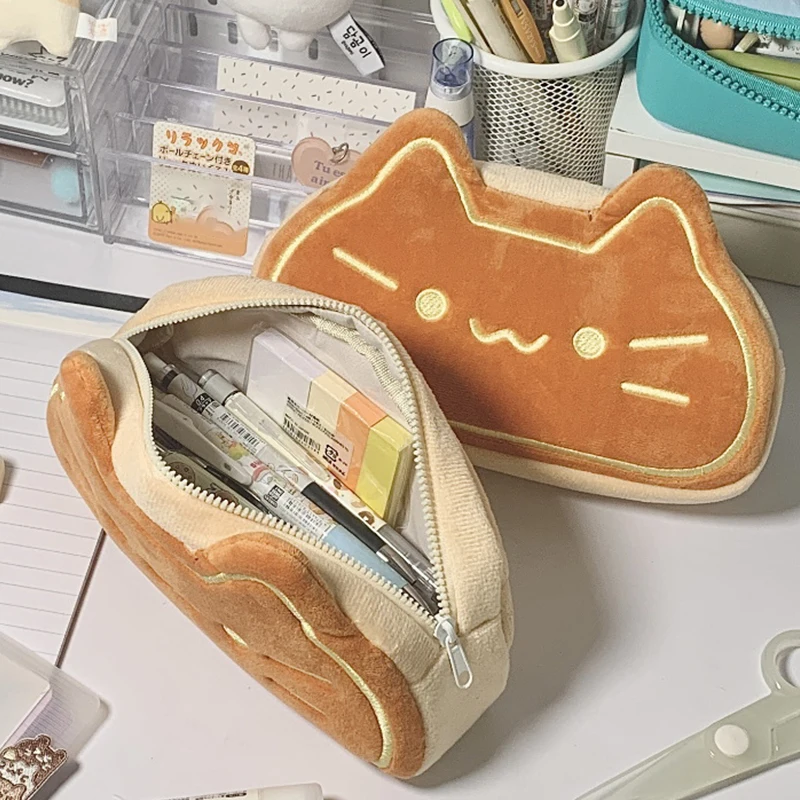 Cat Print Plush Pencil Case Simplicity Large Capacity Pen Storage Bag Cartoon Kitten Pen Organizer Bag Stationery storage bag