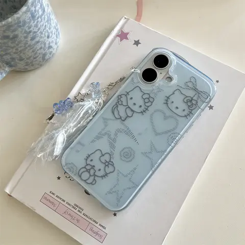 Luxury Glitter Rhinestone Hello Kitty Cat Phone Case For iPhone 16 15 14 13Pro Max Star Shiny Shockproof Bumper Protective Cover