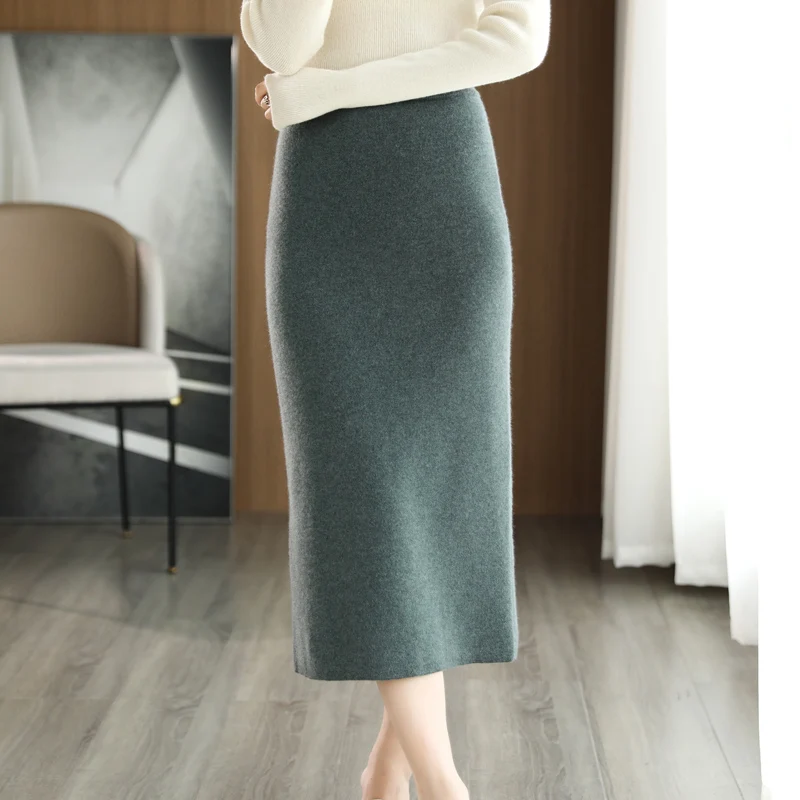 2022 New Arrival Autumn and Winter 100% Wool Knit Skirt Women\'s High Waist Skirt Fashion Soft Quanlity Elastic Knit Girl Clothes